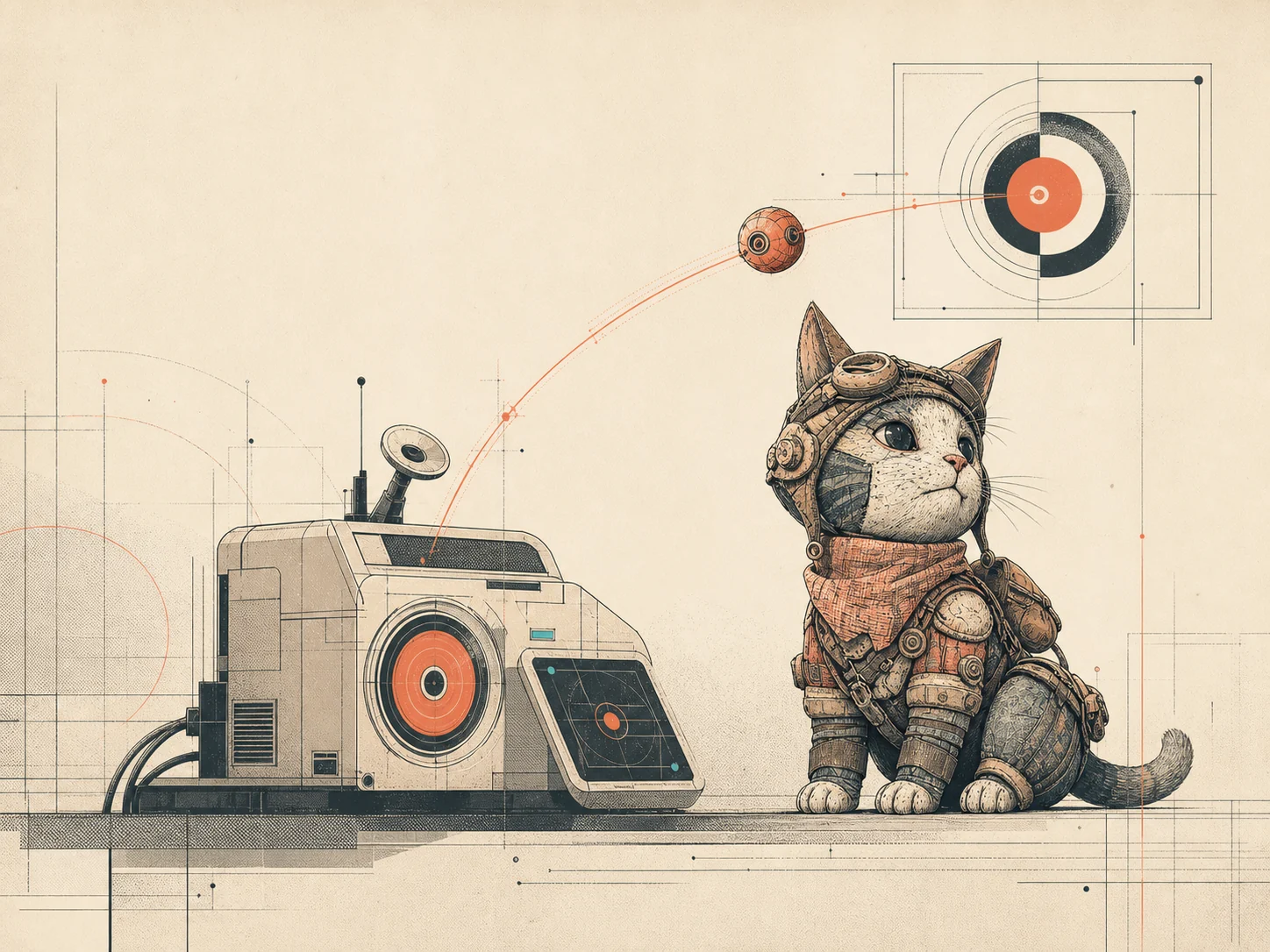 Mira, a compact field companion in goggles and a scarf, sitting beside a capture console